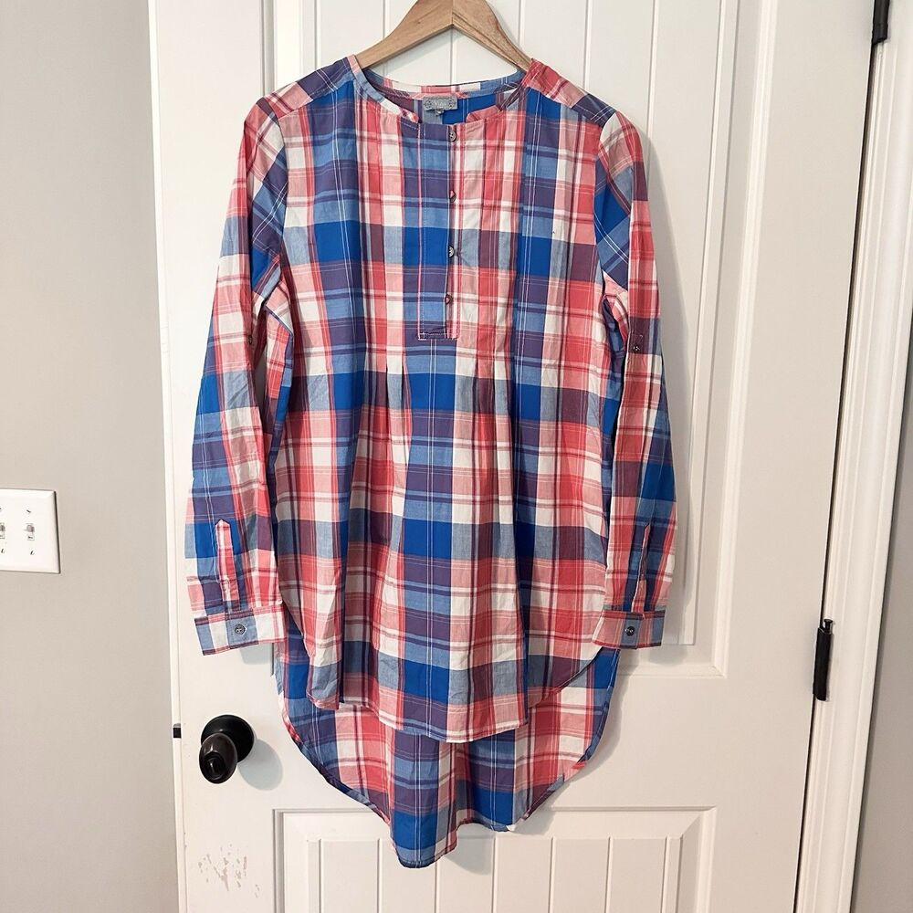 Vizio Tunic Top Popover Roll Tab Sleeve Plaid Shirt Women’s Size Medium NWOT